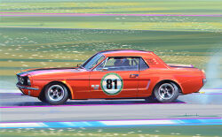 Rule 34 | 1boy, ben beighton, car, character name, chromatic aberration, commentary, english commentary, english flag, ford, ford mustang, ford mustang (1st generation), from side, helmet, highres, jacket, marta danecka, masters historic racing, motor vehicle, muscle car, race vehicle, racecar, racetrack, real life, shadow, smoke, solo, vehicle focus, white jacket