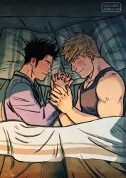 Rule 34 | 2boys, bara, black hair, blonde hair, couple, cris art, ear piercing, eye contact, from above, holding hands, hulkling, interlocked fingers, long sideburns, looking at another, lying, male focus, marvel, multiple boys, on bed, on side, pectoral cleavage, pectorals, piercing, short hair, sideburns, smile, sparse stubble, sunlight, thick eyebrows, third-party source, toned, toned male, upper body, wiccan, yaoi