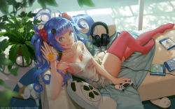 Rule 34 | 1girl, :q, ai-chan (playstation), blue eyes, blue hair, breasts, bright pupils, camisole, cat, cleavage, closed mouth, from above, game console, glint, hair ornament, hair scrunchie, headphones, highres, horizon (video game), horizon zero dawn, knee up, long hair, nier:automata, nier (series), no shoes, pink thighhighs, playstation controller, scrunchie, short shorts, shorts, sitting, slippers, small breasts, solo, strap slip, thighhighs, tongue, tongue out, twintails, very long hair, vofan