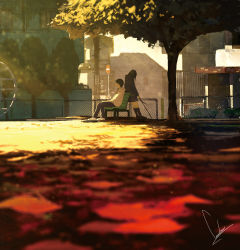 Rule 34 | 1boy, 1girl, autumn, autumn leaves, back-to-back, bench, black hair, black socks, building, cover, face down, fence, highres, hood, hoodie, kiokuya, kneehighs, long hair, loundraw, official art, original, outdoors, pants, park, park bench, road sign, shoes, short hair, sign, signature, sitting, skirt, socks, standing, tree