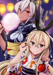 Rule 34 | 2girls, absurdres, adjusting eyewear, bespectacled, black hairband, blonde hair, blue kimono, blurry, brown eyes, candy apple, cannon, commentary request, cotton candy, cowboy shot, dark-skinned female, dark skin, depth of field, floral print, food, glasses, hairband, height difference, highres, japanese clothes, kantai collection, kimono, lantern, long hair, machinery, multiple girls, musashi (kancolle), musashi kai ni (kancolle), night, no eyewear, ponytail, print kimono, red eyes, shimakaze (kancolle), silver hair, turret, white kimono, yukata, yunamaro