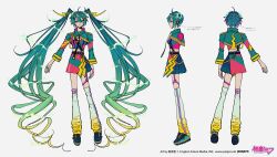 Rule 34 | 1girl, absurdly long hair, absurdres, akiakane, aqua eyes, aqua footwear, aqua hair, aqua nails, aqua skirt, arm at side, artist name, black footwear, blonde hair, character name, character sheet, closed mouth, company name, copyright name, drill hair, electricity, from behind, from side, full body, garter straps, gradient hair, green hair, hair ornament, hatsune miku, hatsune miku japan tour 2023 ~thunderbolt~, high collar, highres, leg warmers, legs apart, light smile, lightning bolt, lightning bolt-shaped pupils, lightning bolt hair ornament, lightning bolt print, lightning bolt symbol, long hair, long sleeves, looking at viewer, midriff, multicolored hair, multiple views, nail polish, official alternate costume, official art, outstretched hand, pink skirt, pleated skirt, second-party source, shrug (clothing), single garter strap, skirt, standing, symbol-shaped pupils, thigh strap, turnaround, twin drills, twintails, very long hair, vocaloid