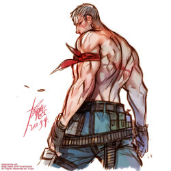 Rule 34 | 1boy, bandana around arm, bara, bryan fury, cropped legs, from behind, looking at viewer, looking back, male focus, mature male, muscular, muscular male, scar, scar on back, short hair, sideburns, solo, tekken, topless male, white hair, yi lee