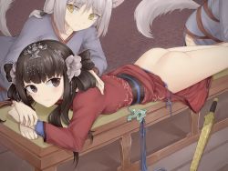 Rule 34 | 3girls, ass, black eyes, black hair, blush, bottomless, china dress, chinese clothes, dress, highres, long hair, lying, multiple girls, on stomach, original, silver hair, tail, yellow eyes, zzbbc