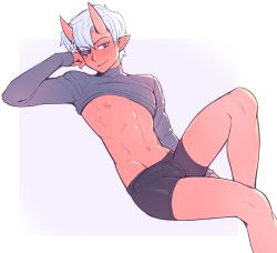 Rule 34 | 1boy, bike shorts, blush, bulge, clothes lift, colored skin, eyes visible through hair, highres, horns, ittla, kenta (ittla), long sleeves, looking at viewer, male focus, navel, oni, oni horns, original, pointy ears, purple eyes, red eyes, red skin, shirt lift, short hair, simple background, smirk, solo, white background