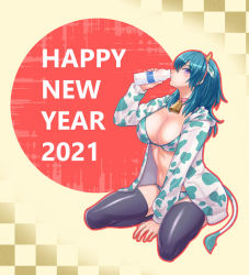 Rule 34 | 1girl, 2021, animal ears, animal print, arm support, bell, between legs, bikini, black thighhighs, blue eyes, blue hair, blush, bottle, breasts, byleth (female) (fire emblem), byleth (fire emblem), checkered background, chinese zodiac, choker, cleavage, commentary request, cow ears, cow horns, cow print, cow tail, drinking, fake animal ears, fake horns, fake tail, fire emblem, fire emblem: three houses, full body, hair between eyes, hairband, hand between legs, happy new year, holding, holding bottle, hood, hood down, hooded jacket, horns, jacket, large breasts, long hair, long sleeves, looking at viewer, midriff, milk bottle, navel, neck bell, new year, nintendo, open clothes, open jacket, outline, pink choker, pink hairband, shio robin, sidelocks, sitting, solo, swimsuit, tail, thighhighs, wariza, white bikini, white jacket, year of the ox, yellow background