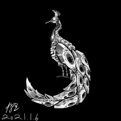 Rule 34 | abstract, animal, animal focus, artist name, bird, black background, dated, from behind, full body, greyscale, haembokeyo, monochrome, no humans, original, peacock, signature, simple background, standing