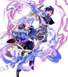 Rule 34 | 1boy, 1girl, aged down, attack, black coat, black gloves, blue eyes, blue hair, book, braid, chrom (child) (fire emblem), chrom (fire emblem), coat, fingerless gloves, fire emblem, fire emblem awakening, fire emblem heroes, gloves, glowing, grey eyes, highres, holding, holding book, holding sword, holding weapon, lightning, magic, nintendo, non-web source, open book, open mouth, robin (female) (child) (fire emblem), robin (female) (fire emblem), robin (fire emblem), swing, sword, twintails, v-shaped eyebrows, weapon, white hair