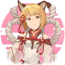 Rule 34 | 1girl, animal ears, blonde hair, braid, breasts, brown eyes, detached sleeves, dog ears, granblue fantasy, hinami (hinatamizu), looking at viewer, pink background, rope, short hair, simple background, small breasts, solo, two-tone background, upper body, vajra (granblue fantasy), white background