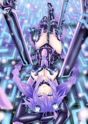 Rule 34 | 10s, 1girl, :d, arm behind head, arms up, black thighhighs, blue eyes, braid, breasts, cleavage, cleavage cutout, clothing cutout, covered navel, emblem, from above, full body, gloves, glowing, hair between eyes, hair ornament, highres, honke ganso, huge weapon, leotard, light particles, long hair, looking at viewer, lying, magical girl, neptune (neptunia), neptune (series), on back, open mouth, planted, planted sword, planted weapon, power symbol, power symbol-shaped pupils, purple hair, purple heart (neptunia), sideboob, sidelocks, smile, solo, sword, symbol-shaped pupils, thighhighs, twin braids, vambraces, very long hair, weapon