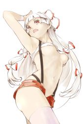 Rule 34 | 1girl, alternate costume, armpits, blunt bangs, bow, breasts, crop top, female focus, fujiwara no mokou, hair bow, hair ribbon, hand on own head, long hair, midriff, navel, open mouth, red eyes, revealing clothes, revision, ribbon, short shorts, shorts, solo, suspenders, swimsuit, thighhighs, touhou, underboob, white hair, white thighhighs, wristband, yunar, zettai ryouiki