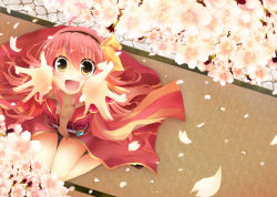 Rule 34 | 1girl, :d, ahoge, animal, animal around neck, black hairband, blush, bow, breasts, commentary request, detached sleeves, dress, falling petals, flower, fox, full body, hair between eyes, hair bow, hairband, long hair, looking at viewer, medium breasts, open mouth, orange sleeves, pelvic curtain, petals, pink hair, professor (ragnarok online), ragnarok online, reaching, reaching towards viewer, red dress, red sleeves, seiza, shindo hachigo, sitting, sleeveless, sleeveless dress, smile, solo, striped sleeves, tatami, white flower, yellow bow, yellow eyes