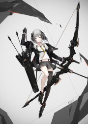 Rule 34 | 1girl, arm up, arrow (projectile), black gloves, black thighhighs, blazer, bow (weapon), full body, gloves, grey background, grey eyes, harness, headgear, heavily armed high school girls, highres, holding, holding weapon, holster, huge weapon, jacket, long sleeves, looking at viewer, md5 mismatch, miniskirt, navel, necktie, neco, original, pleated skirt, quiver, roku (heavily armed high school girls), school uniform, serafuku, short hair, silver hair, simple background, single thighhigh, skirt, solo, thighhighs, weapon