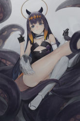 Rule 34 | 1girl, absurdres, black dress, black gloves, blue eyes, blunt bangs, breasts, closed mouth, detached sleeves, dress, gloves, halo, highres, holding, hololive, hololive english, jam (nandade), leg up, long hair, looking at viewer, low wings, monster girl, ninomae ina&#039;nis, ninomae ina&#039;nis (1st costume), okobo, pointy ears, purple hair, sandals, single detached sleeve, single thighhigh, sitting, small breasts, smile, solo, tentacle hair, tentacles, thighhighs, thighs, virtual youtuber, wings