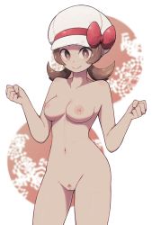 Rule 34 | 1girl, bad id, bad pixiv id, bare arms, bare shoulders, breasts, brown eyes, brown hair, cleft of venus, closed mouth, collarbone, cowboy shot, creatures (company), female pubic hair, game freak, hat, highres, lamb-oic029, looking at viewer, lyra (pokemon), matching hair/eyes, medium breasts, navel, nintendo, nipples, nude, pokemon, pokemon hgss, pubic hair, pussy, red background, smile, solo, twintails, uncensored, white background, white hat