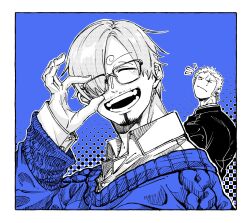 Rule 34 | 2boys, :/, ^ ^, adjusting eyewear, bespectacled, blue theme, closed eyes, facial hair, facing viewer, glasses, goatee, hair over one eye, highres, layered shirt, male focus, monochrome, multiple boys, notice lines, one piece, roronoa zoro, sanji (one piece), short hair, smile, solo focus, spot color, sweater, upper body, vodka (kahlua and gin)