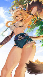 1girl animal_ear_fluff animal_ears arm_up armlet armpits artist_name blonde_hair braid branch cloud cowboy_shot crop_top cutoffs denim denim_shorts detached_sleeves earrings floating_hair fur-trimmed_jacket fur_trim genshin_impact green_eyes hair_between_eyes highres jacket jaguar_ears jaguar_girl jaguar_tail jewelry long_hair looking_at_viewer midriff ojo_aa parted_lips shorts single_braid single_detached_sleeve sky slit_pupils solo tail tan thighs tree watermark xilonen_(genshin_impact)