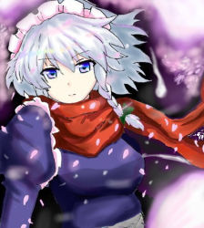Rule 34 | 1girl, bad id, bad pixiv id, blue eyes, braid, breasts, closed mouth, izayoi sakuya, juliet sleeves, long sleeves, looking at viewer, lowres, maid, maid headdress, medium breasts, perfect cherry blossom, puffy sleeves, red scarf, scarf, short hair, silver hair, theon (te2eo), touhou, twin braids, upper body