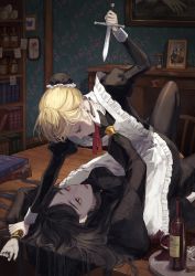 Rule 34 | 2girls, apron, arm up, black hair, black nails, blonde hair, blue eyes, book, bottle, bright pupils, bun cover, commentary, cup, dagger, desk, drawing (object), drinking glass, eye contact, feet out of frame, hair bun, hand on another&#039;s neck, highres, holding, holding another&#039;s wrist, holding dagger, holding knife, holding weapon, hourglass, indoors, knife, kotobuki nashiko, lace trim, long hair, looking at another, lying, maid, maid apron, multiple girls, nail polish, neck ribbon, on back, on table, original, parted lips, red eyes, ribbon, shelf, short hair, single hair bun, spill, straddling, table, tray, weapon, white pupils, wine bottle, wine glass