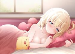 Rule 34 | 1girl, akai haato, blanket, blonde hair, blue eyes, blush, breasts, cleavage, haaton (akai haato), hair ornament, heart, heart hair ornament, heart-shaped pillow, high ponytail, highres, hololive, large breasts, long hair, looking at viewer, minto yupo, nude, pillow, pink blanket, ponytail, smile, solo, virtual youtuber