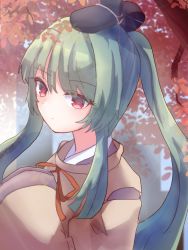 Rule 34 | 1girl, bannousquid, closed mouth, commentary request, dot mouth, expressionless, green hair, hat, japanese clothes, kimono, long hair, long sleeves, mystical power plant, neck ribbon, orange ribbon, outdoors, ponytail, red eyes, ribbon, solo, suitokuin tenmu, touhou, tree