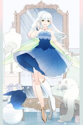 Rule 34 | 1girl, :d, blue dress, box, cat, couch, dress, euphie (pixiv fantasia age of starlight), gift, gift box, green eyes, green wings, indoors, long hair, long legs, mirror, open mouth, pa (itapa613), pixiv fantasia, pixiv fantasia age of starlight, sleeveless, sleeveless dress, smile, standing, white cat, white hair, wings