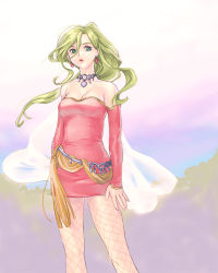 Rule 34 | 1girl, arms at sides, blue eyes, breasts, cleavage, commentary request, earrings, final fantasy, final fantasy vi, fishnets, green hair, jewelry, large breasts, lips, medium hair, necklace, pantyhose, ponytail, solo, standing, tina branford, yuccoshi