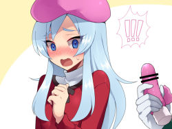 Rule 34 | !, 10s, 1boy, 1girl, bad id, bad pixiv id, beret, blue eyes, blue hair, blush, dildo, gloves, happinesscharge precure!, hat, hosshiwa, long hair, looking at viewer, matching hair/eyes, mogiki hayami, namakeruda, open mouth, pink hat, precure, sex toy, solo focus, vibrator