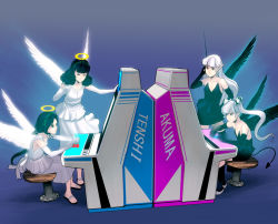 Rule 34 | 4girls, angel, angel and devil, angel wings, arcade, arcade cabinet, bad id, bad pixiv id, bare shoulders, black hair, black legwear, black wings, boots, clenched hand, closed eyes, demon, demon girl, demon tail, demon wings, elbow gloves, gloves, hair ornament, halo, hand on own hip, heads together, hip focus, kouno (masao), long hair, mirror opposites, motion blur, multiple girls, original, playing games, pointy ears, polar opposites, sandals, silver hair, sitting, skirt, smile, tail, thighhighs, wings, zettai ryouiki