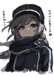 Rule 34 | 1girl, black scarf, closed mouth, duel monster, frown, grey hair, hat, highres, long hair, military uniform, peaked cap, red eyes, scarf, sea whites, simple background, sky striker ace - roze, solo, twintails, uniform, white background, yu-gi-oh!