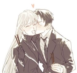 Rule 34 | 1boy, 1girl, angelica (project moon), black gloves, black hair, black jacket, black necktie, black sweater, blush, closed eyes, collared shirt, food, gloves, holding, holding food, holding pocky, husband and wife, jacket, jewelry, kiss, library of ruina, long hair, long sleeves, mye 66, necklace, necktie, open mouth, pocky, pocky day, project moon, ring, ring necklace, roland (project moon), shirt, silver trim, smile, sweater, turtleneck, turtleneck sweater, upper body, very long hair, white hair, wing collar
