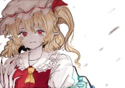 Rule 34 | 1girl, ascot, blonde hair, collared shirt, crying, crying with eyes open, fingernails, flandre scarlet, fleuriste, frilled shirt collar, frills, hat, hat ribbon, highres, looking at viewer, medium hair, mob cap, multicolored wings, nail polish, pointy ears, puffy short sleeves, puffy sleeves, red eyes, red nails, red ribbon, red vest, ribbon, sharp fingernails, shirt, short sleeves, side ponytail, simple background, solo, tears, touhou, upper body, vest, white background, white hat, white shirt, wings, yellow ascot