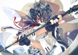 Rule 34 | 1boy, black hair, cape, covered mouth, fingerless gloves, gloves, holding, holding weapon, looking at viewer, mahoutsukai no yakusoku, male focus, naruta iyo, red eyes, shino sherwood, short hair, short sleeves, solo, sword, weapon, white background