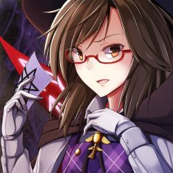 Rule 34 | 1girl, bad id, bad pixiv id, bow, brown eyes, brown hair, cape, clothes writing, fumei (mugendai), glasses, gloves, hat, jewelry, low twintails, open mouth, pendant, plaid, red-framed eyewear, shirt, short hair, solo, touhou, twintails, usami sumireko, zener card
