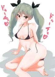 Rule 34 | 10s, 1girl, anchovy (girls und panzer), artist request, ass, bare arms, bare shoulders, barefoot, bikini, black ribbon, blush, breasts, brown eyes, covered erect nipples, curvy, drill hair, female focus, girls und panzer, green hair, hair ribbon, highres, huge ass, long hair, looking at viewer, medium breasts, navel, ribbon, shiny skin, sitting, solo, sweat, swimsuit, translation request, twin drills, twintails