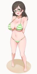 Rule 34 | 1girl, :d, absurdres, alternate costume, arms behind back, bikini, breasts, brown hair, fukayama (0ppaityuki), glasses, green bikini, green eyes, highres, large breasts, navel, open mouth, round eyewear, smile, solo, striped bikini, striped clothes, swimsuit, two-tone bikini, white background, white bikini, yuzuriha maimai, zombie land saga