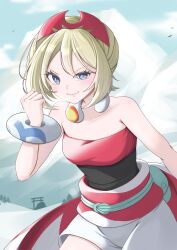 Rule 34 | 1girl, absurdres, blonde hair, blue eyes, closed mouth, cloud, collar, collarbone, commentary request, creatures (company), day, eyelashes, game freak, hairband, half-closed eye, hand up, highres, irida (pokemon), looking at viewer, mochitaro (mothitaroo), nintendo, outdoors, pokemon, pokemon legends: arceus, red hairband, sash, shirt, shorts, sky, smile, solo, strapless, strapless shirt, waist cape, white shorts
