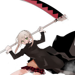 Rule 34 | 1girl, arm up, black jacket, ddari, gloves, green eyes, grey hair, hair between eyes, holding, holding scythe, jacket, long hair, long sleeves, looking at viewer, maka albarn, open clothes, open jacket, plaid, plaid skirt, pleated skirt, red skirt, scythe, simple background, skirt, solo, soul eater, sweater vest, twintails, white background, white gloves