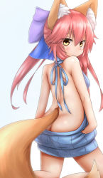 Rule 34 | 10s, 1girl, animal ear fluff, animal ears, ass, backless dress, backless outfit, butt crack, dress, fate/extra, fate (series), fox ears, from behind, gradient background, highres, horokusa (korai), kneeling, looking at viewer, looking back, meme attire, naked sweater, pink hair, simple background, solo, sweater, tail, tamamo no mae (fate/extra), turtleneck, turtleneck sweater, virgin killer sweater, yellow eyes