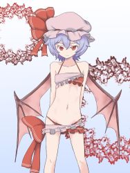 Rule 34 | 1girl, adapted costume, arms behind back, bat wings, bikini, breasts, collarbone, frills, hat, hat ribbon, highleg, highleg swimsuit, jack (wkm74959), light purple hair, light smile, low wings, red bikini, red eyes, remilia scarlet, ribbon, short hair, small breasts, solo, swimsuit, touhou, wings