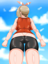 Rule 34 | 10s, 1girl, alternate color, anatomical nonsense, ass, back, backboob, bad anatomy, bike shorts, breasts, brown hair, butt crack, clenched hand, creatures (company), from behind, game freak, huge breasts, long hair, may (pokemon), nintendo, pokemon, pokemon oras, senwamu, shiny skin, sky, standing