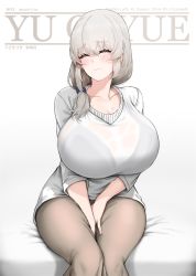 Rule 34 | 1girl, bed, beige pants, between legs, bra visible through clothes, breasts, closed eyes, closed mouth, collarbone, commentary request, hair over shoulder, hand between legs, highres, huge breasts, low tied hair, mature female, see-through, silver hair, sitting, smile, sweater, uzaki-chan wa asobitai!, uzaki tsuki, wet sweater, white sweater, xiangzi box