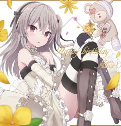 Rule 34 | 1girl, bandages, birthday, black thighhighs, blurry, blurry foreground, boko (girls und panzer), boots, bouquet, brown eyes, center frills, character name, depth of field, dress, elbow gloves, english text, floating, flower, frilled dress, frills, girls und panzer, gloves, grey footwear, halter dress, halterneck, happy birthday, highres, knee boots, light brown hair, long hair, looking at viewer, medium dress, one side up, parted lips, petals, shimada arisu, shuuichi (gothics), solo, striped clothes, striped thighhighs, stuffed animal, stuffed toy, teddy bear, thighhighs, white dress, white gloves, yellow flower