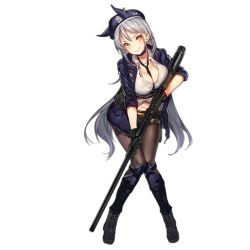 Rule 34 | 1girl, armor, between breasts, black footwear, black gloves, black necktie, black pantyhose, black shorts, blue hat, blue jacket, blush, boots, breasts, brown eyes, cleavage, collared shirt, cross-laced footwear, fn spr a3g, full body, girls&#039; frontline, gloves, gun, hair ornament, hairclip, hat, head tilt, holding, holding gun, holding weapon, jacket, knees together feet apart, lace-up boots, large breasts, leaning forward, logo, long hair, navel, necktie, necktie between breasts, official art, open clothes, open jacket, pantyhose, parted lips, pouch, rifle, shin guards, shirt, short shorts, shorts, sidelocks, silver hair, sleeves rolled up, smirk, sniper rifle, solo, spr a3g (girls&#039; frontline), stomach, strap, thigh strap, tied shirt, transparent background, trigger discipline, very long hair, weapon, white shirt, x hair ornament, yuran