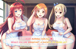 Rule 34 | 3girls, :d, adjusting hair, ahoge, apron, apron lift, arkfield, arms under breasts, bleach, blonde hair, blue bow, blue eyes, bow, breasts, brown eyes, cleavage, clothes lift, collarbone, commission, couch, crossed bangs, crossover, dialogue box, drop earrings, earrings, english text, fairy tail, hair between eyes, hair bow, hair intakes, hair ornament, hair scrunchie, high school dxd, indoors, inoue orihime, jewelry, large breasts, leaning forward, lifted by self, long hair, looking at viewer, lucy heartfilia, mixed-language commentary, multiple girls, naked apron, open mouth, orange hair, red hair, rias gremory, rug, scrunchie, side ponytail, single earring, smile, sunlight, teeth, thighs, upper teeth only, white apron, window, yellow scrunchie