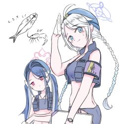 Rule 34 | 2girls, ahoge, armband, blue archive, blue eyes, blue hair, blush, braid, bulletproof vest, colored skin, cosplay, fubuki (blue archive), gloves, hair between eyes, halo, hat, holding, holding tablet pc, kirino (blue archive), multiple girls, murasaki 56, pink eyes, police, shrimp, swimsuit, tablet pc, twin braids, twintails, valkyrie police academy student (blue archive), watch, white gloves, white hair, white skin, wristwatch