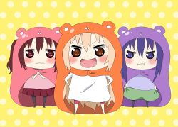 Rule 34 | 10s, 3girls, :d, :i, animal hood, artist request, blush, blush stickers, brown eyes, casual, chibi, doma umaru, ebina nana, female focus, hamster costume, highres, himouto! umaru-chan, hood, light brown hair, looking at another, motoba kirie, multiple girls, no shoes, open mouth, pleated skirt, polka dot, polka dot background, purple eyes, red eyes, shorts, skirt, smile, twintails, wavy mouth, yellow background