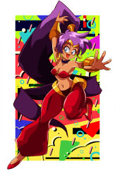 Rule 34 | 1990s (style), 1girl, araizumi rui (style), breasts, cleavage, commentary, dark-skinned female, dark skin, gold hairband, hairband, hand up, harem pants, highres, long hair, looking to the side, navel, open hands, open mouth, pants, pointy ears, ponytail, potiri02, purple hair, retro artstyle, shantae, shantae (series), solo