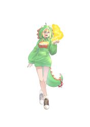Rule 34 | 1girl, :d, amano pikamee, black footwear, blonde hair, collar, colored inner hair, commentary, crossed legs, dinosaur hood, electricity, english commentary, full body, green eyes, green hair, hand up, highres, multicolored hair, open mouth, rans bc, sharp teeth, shoes, short hair, sleeves past wrists, smile, sneakers, solo, sparks, spiked collar, spikes, teeth, two-tone hair, virtual youtuber, voms, watson cross