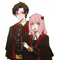Rule 34 | 1boy, 1girl, anya (spy x family), blush, brown eyes, brown hair, buttons, cloak, damian desmond, embarrassed, formal, green eyes, height difference, highres, long sleeves, meomoicecr, aged up, open mouth, pink hair, school uniform, spy x family, upper body